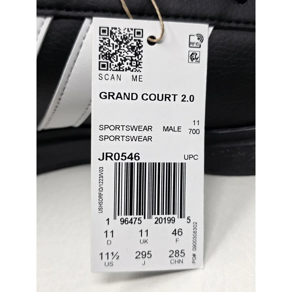 Adidas Grand Court 2.0 Size 11.5 Mens Black White Athletic Shoes JR0546 New